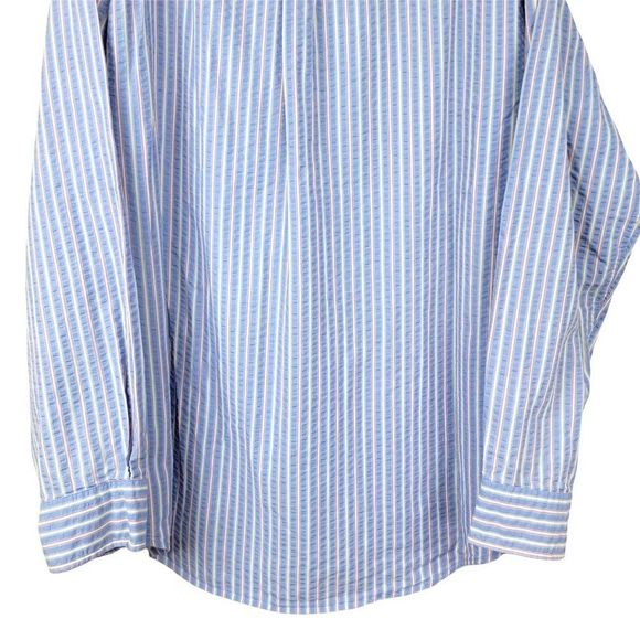 Lands' End Blue Stripes Crepe Textured Cotton Button Long Sleeves Shirt Size L - Picture 7 of 11